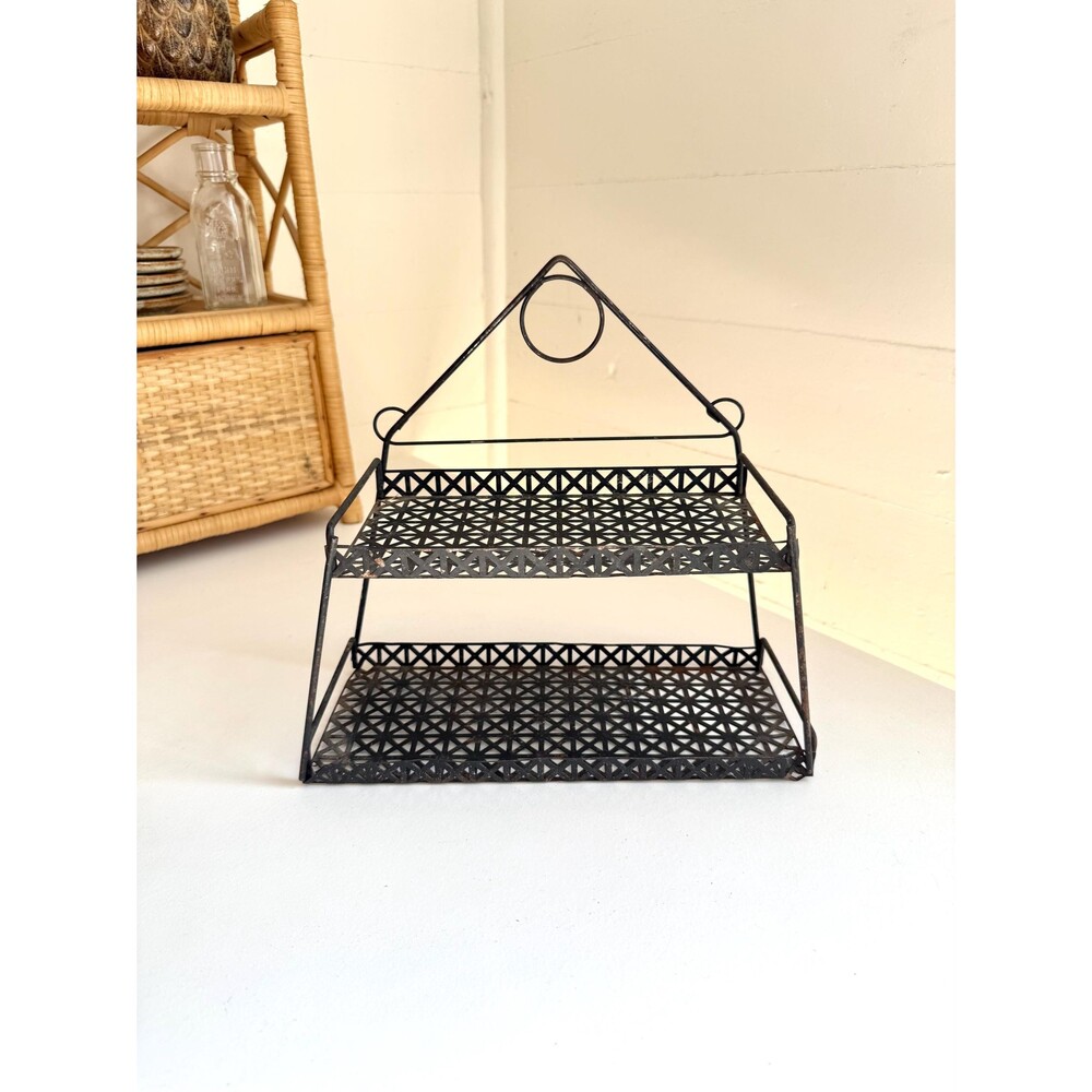 Vintage Black Metal Shelf, MCM Geometric Retro Wall, Atomic Decor Distressed